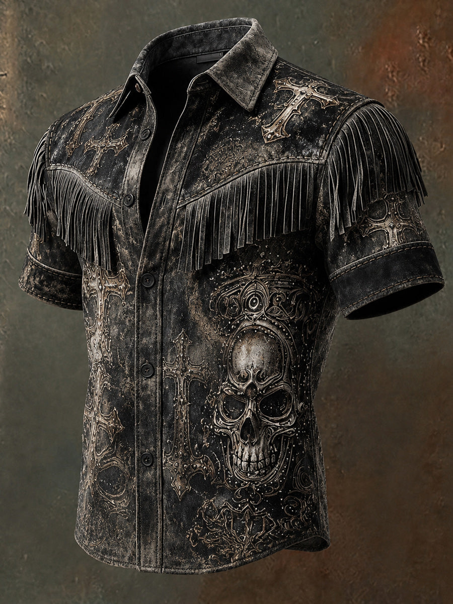 Men's Retro Style Art Printed Vintage Tassel Casual Short Sleeves Shirt