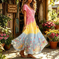Women's Vintage Hippie Peace Floral Embroidery Art V Neck Short Sleeve Maxi Dress