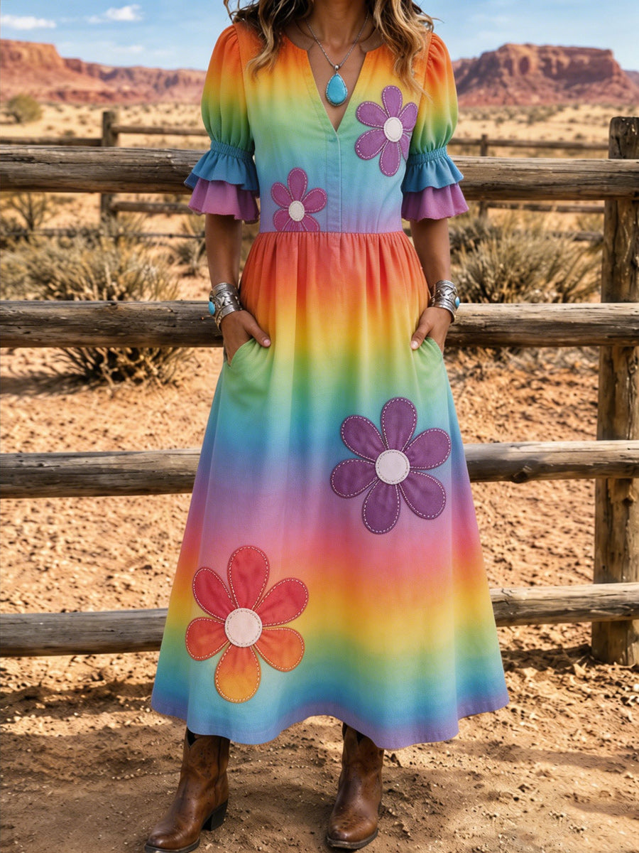 Women's Retro Art Print Washed Cotton Layered Patchwork Midi Dress