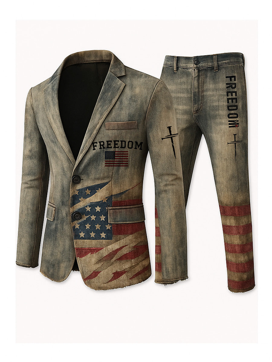 Men's Freedom American Flag Print Casual Jacket Trousers Two-Piece Suits