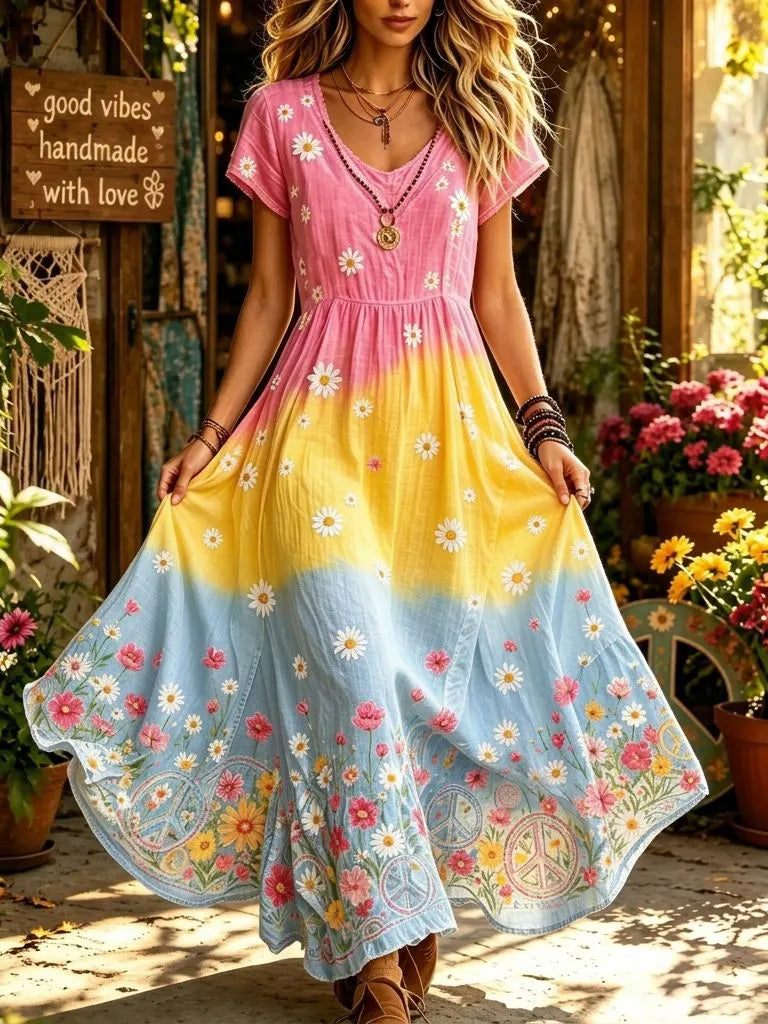 Women's Vintage Hippie Peace Floral Embroidery Art V Neck Short Sleeve Maxi Dress