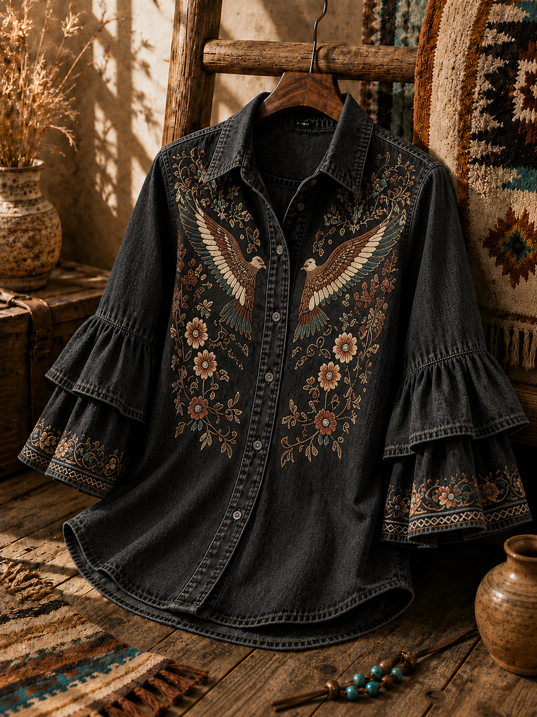 Women's Western Eagle Floral Embroidered Ruffle Sleeve Blouse