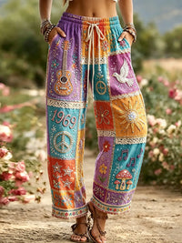 Women's Vintage Hippie Floral Music Guitar Art Pattern Casual Linen Pants