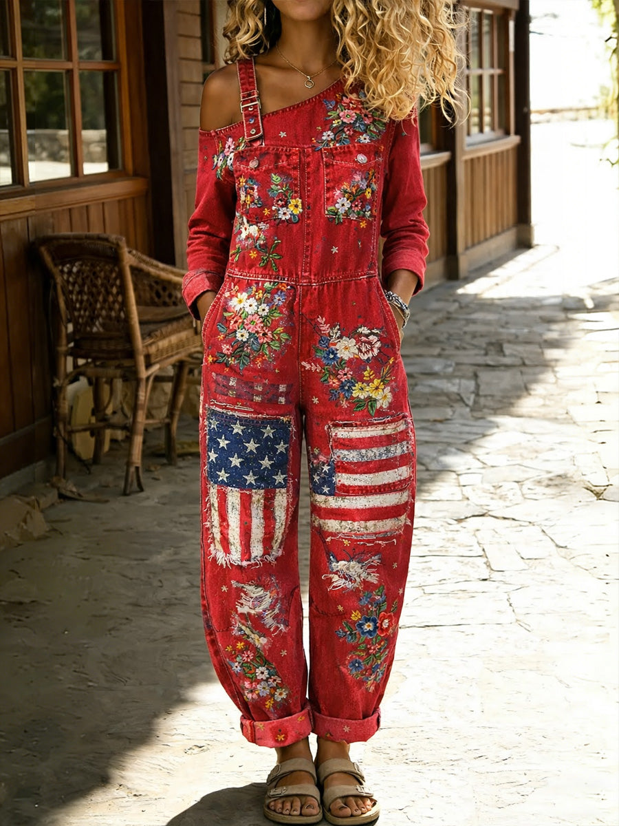 Women's Retro Hippy Floral Art Print Washed Cotton Denim Patchwork Jumpsuit