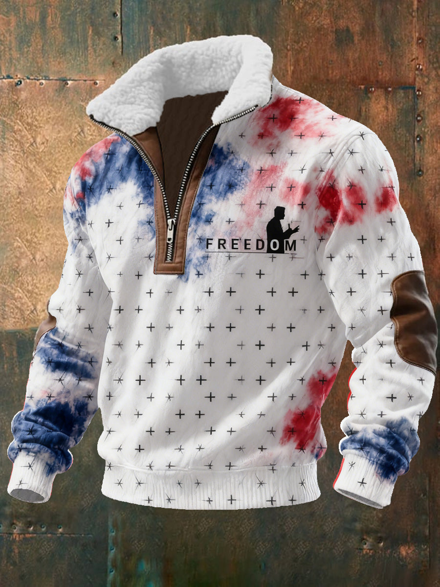 Men's American Flag Freedom Print Jacquard Fabric Zipper Fur Collar Long Sleeve Sweatshirt