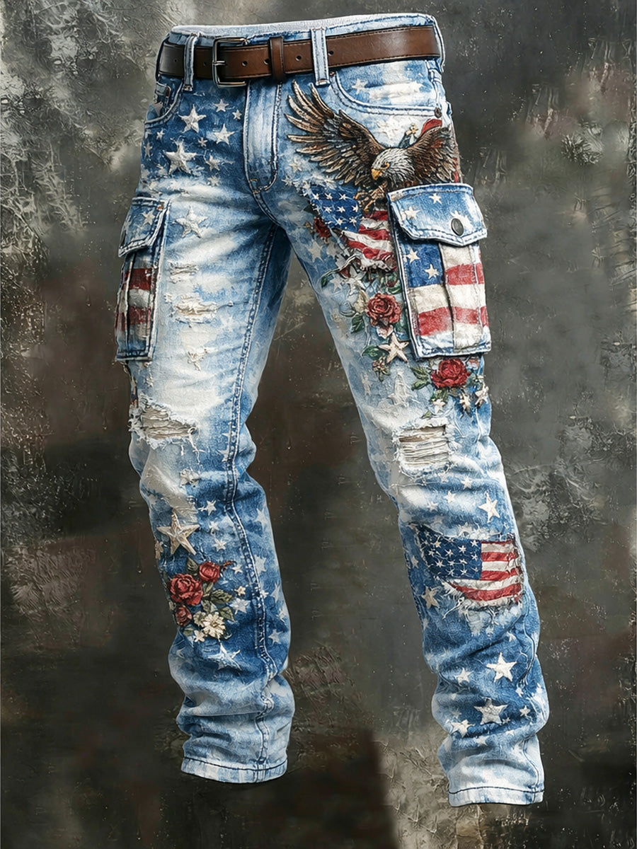 Men's Retro USA Flag Print Casual Workwear Trousers