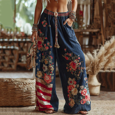 Women's Floral Patchwork Art Print Casual Pants