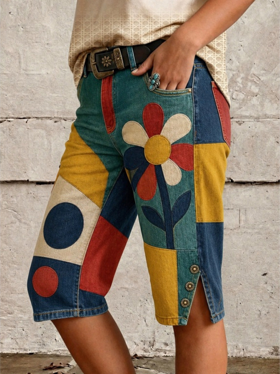 Retro Style Floral Print Vintage Casual Denim Shorts