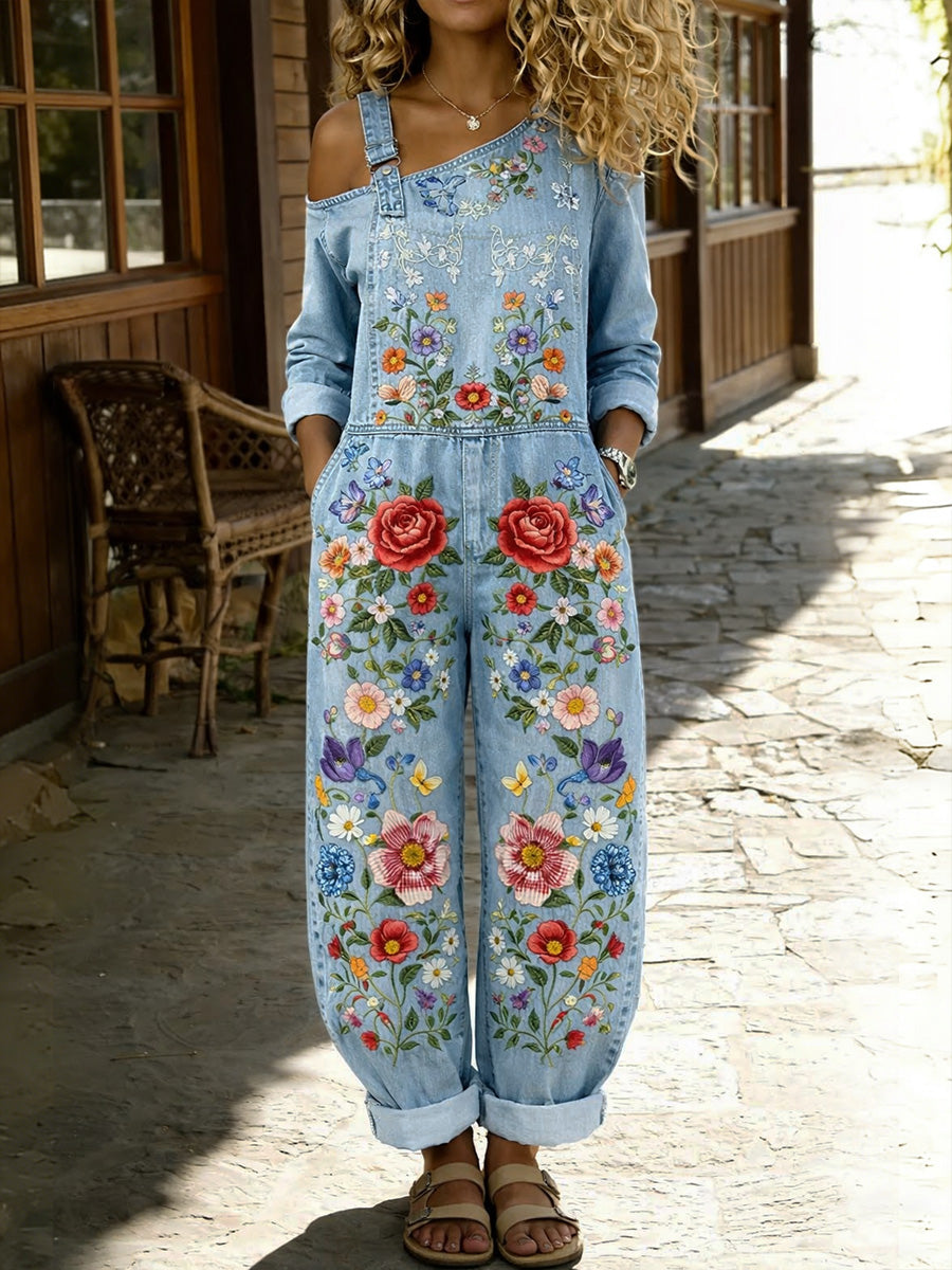 Women's Retro Style Floral Art Print Washed Cotton Denim Patchwork Jumpsuit