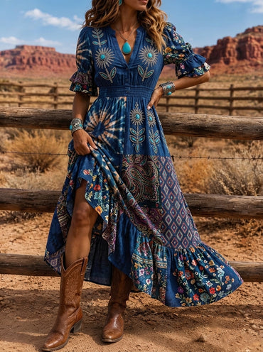 Women's Western Boho Floral Paisley Printed Maxi Dress