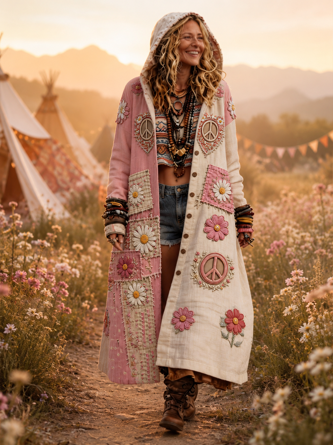 Retro Bohemian Style Art Printed Cotton Buttoned Hooded Casual Loose Long-Sleeved Shirt