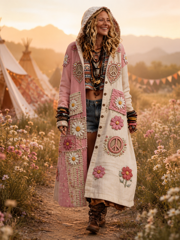 Retro Bohemian Style Art Printed Cotton Buttoned Hooded Casual Loose Long-Sleeved Shirt