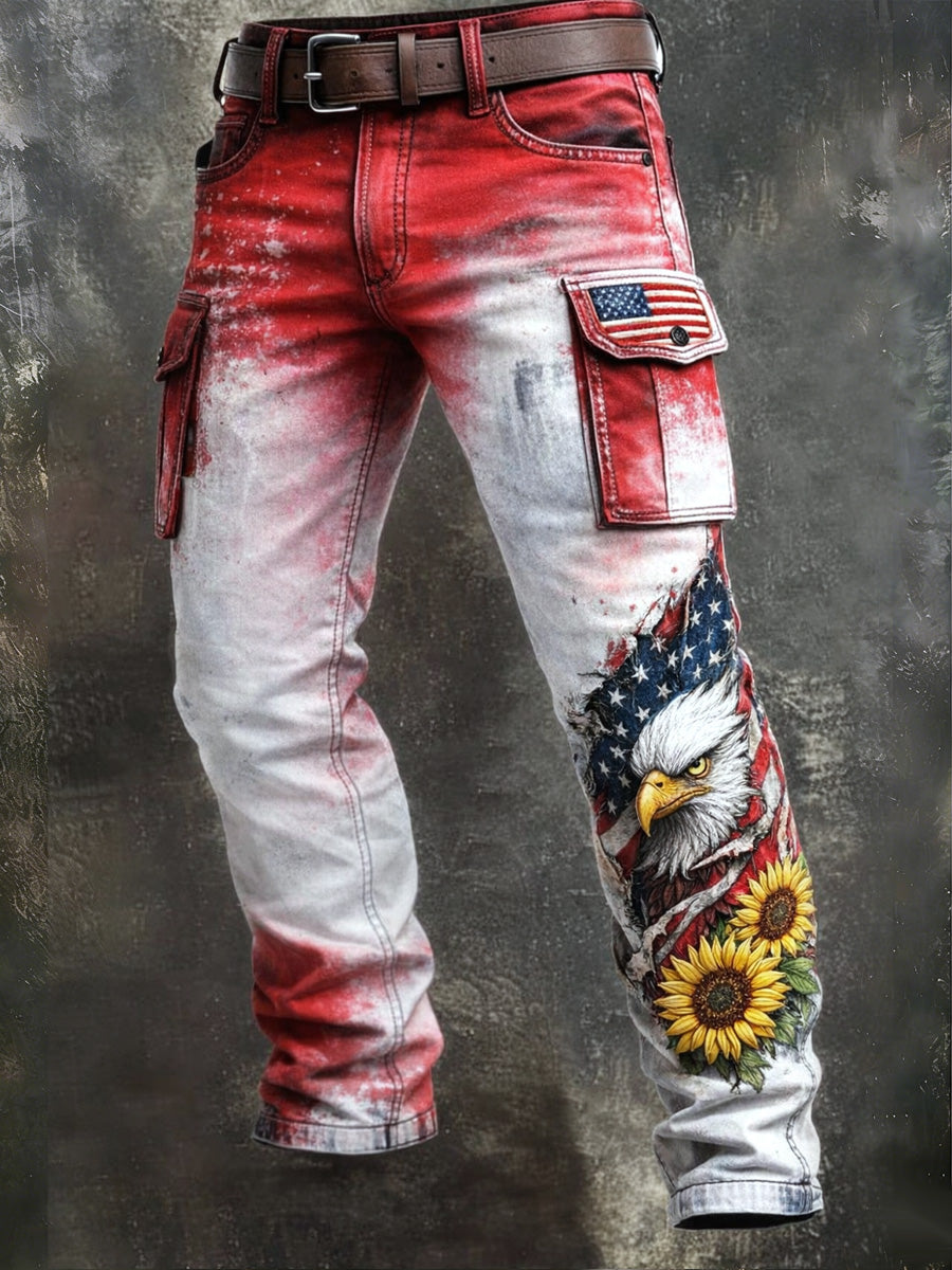 Men's Retro USA Flag Print Casual Workwear Trousers