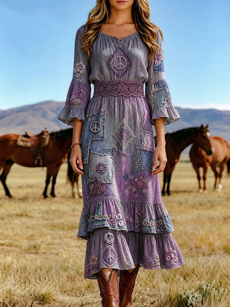 Women's Retro Art Print Washed Cotton Layered Patchwork Midi Dress
