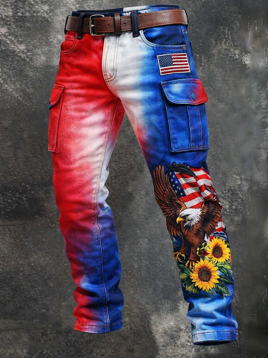 Men's Retro USA Flag Print Casual Workwear Trousers