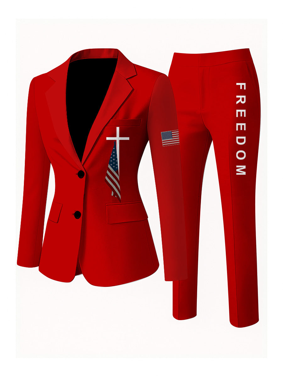 Women's Freedom American Flag Print Casual Blazer Trousers Two-Piece Suits