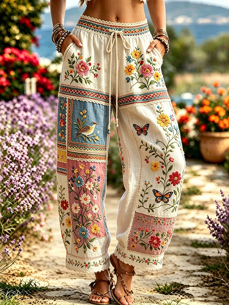 Women's Vintage Floral Patchwork Art Pattern Casual Linen Pants