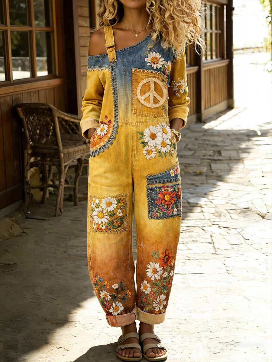 Women's Retro Floral Color-Blocked Art Print Washed Cotton Denim Patchwork Jumpsuit