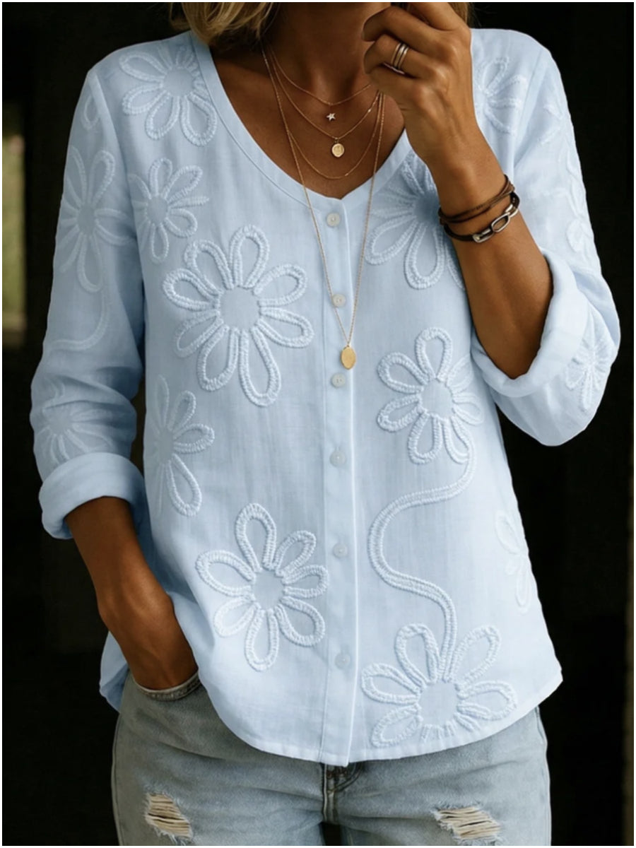 Women's Vintage Embroidered Slub Cotton Shirt