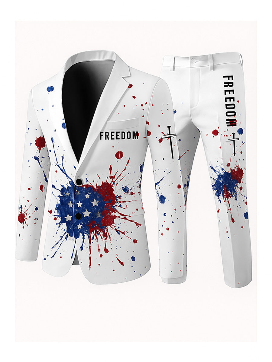 Men's Freedom American Flag Print Casual Jacket Trousers Two-Piece Suits
