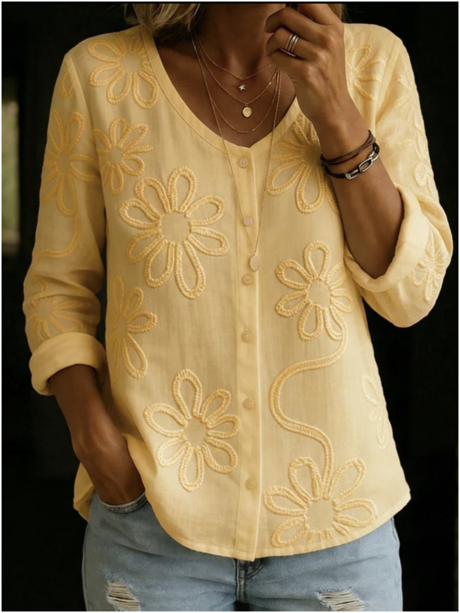 Women's Vintage Embroidered Slub Cotton Shirt