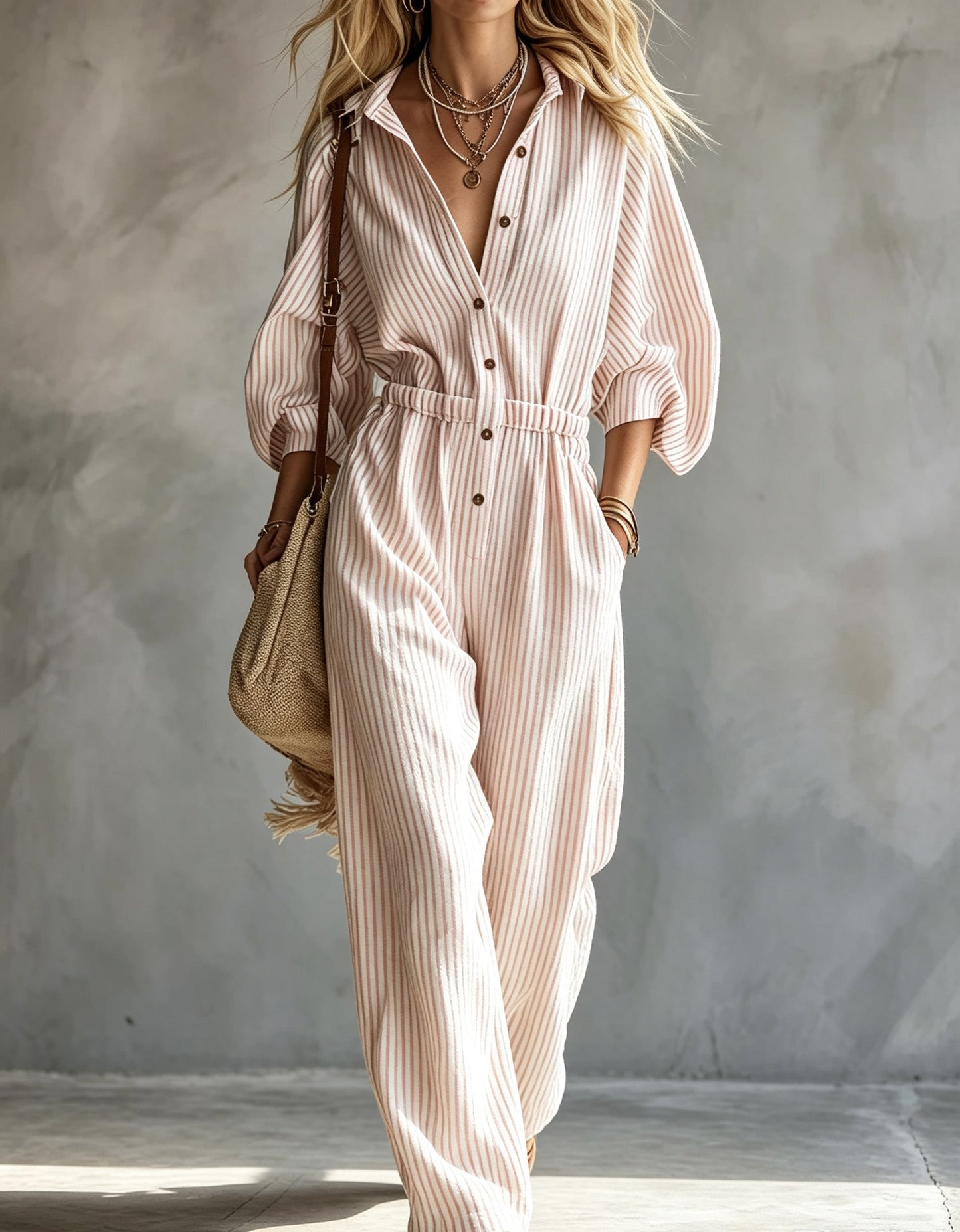 Women's Long Sleeve Striped Casual Jumpsuit