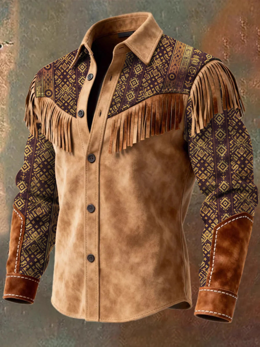 Men's Retro Western Style Art Print Vintage Tassel Casual Long Sleeve Shirt
