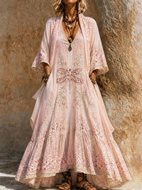 Retro Style Art Printed Vintage Camisole Dress Long Sleeve Two-Piece Maxi Dress
