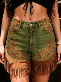 Women's Retro Style Art Print Casual Leather Fringe Patchwork Pocket Shorts