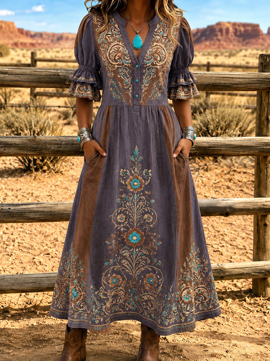 Women's Retro Art Print Washed Cotton Lace Patchwork Midi Dress