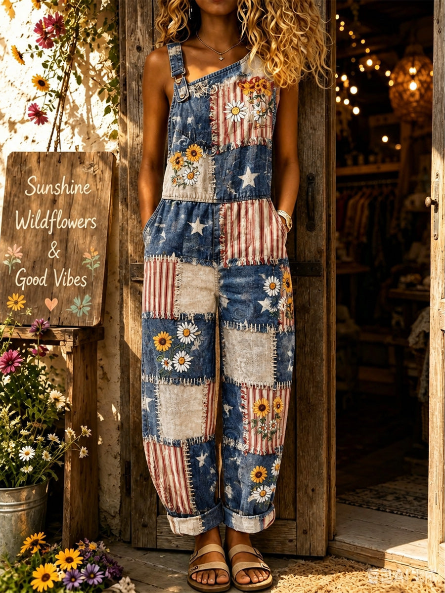 Women's Retro Style Art Print Washed Cotton Denim Patchwork Sleeveless Jumpsuit