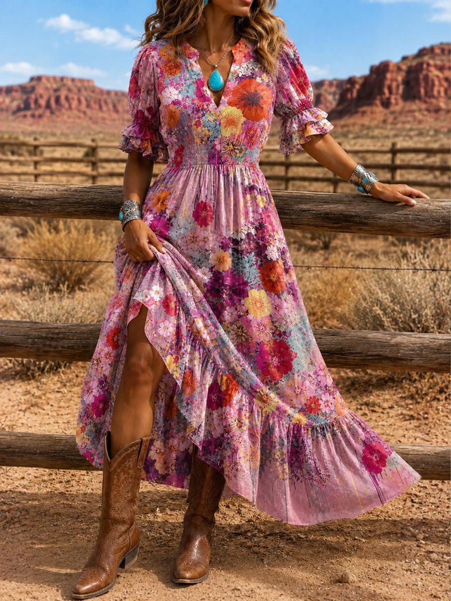 Women's Retro Art Print Washed Cotton Layered Patchwork Midi Dress