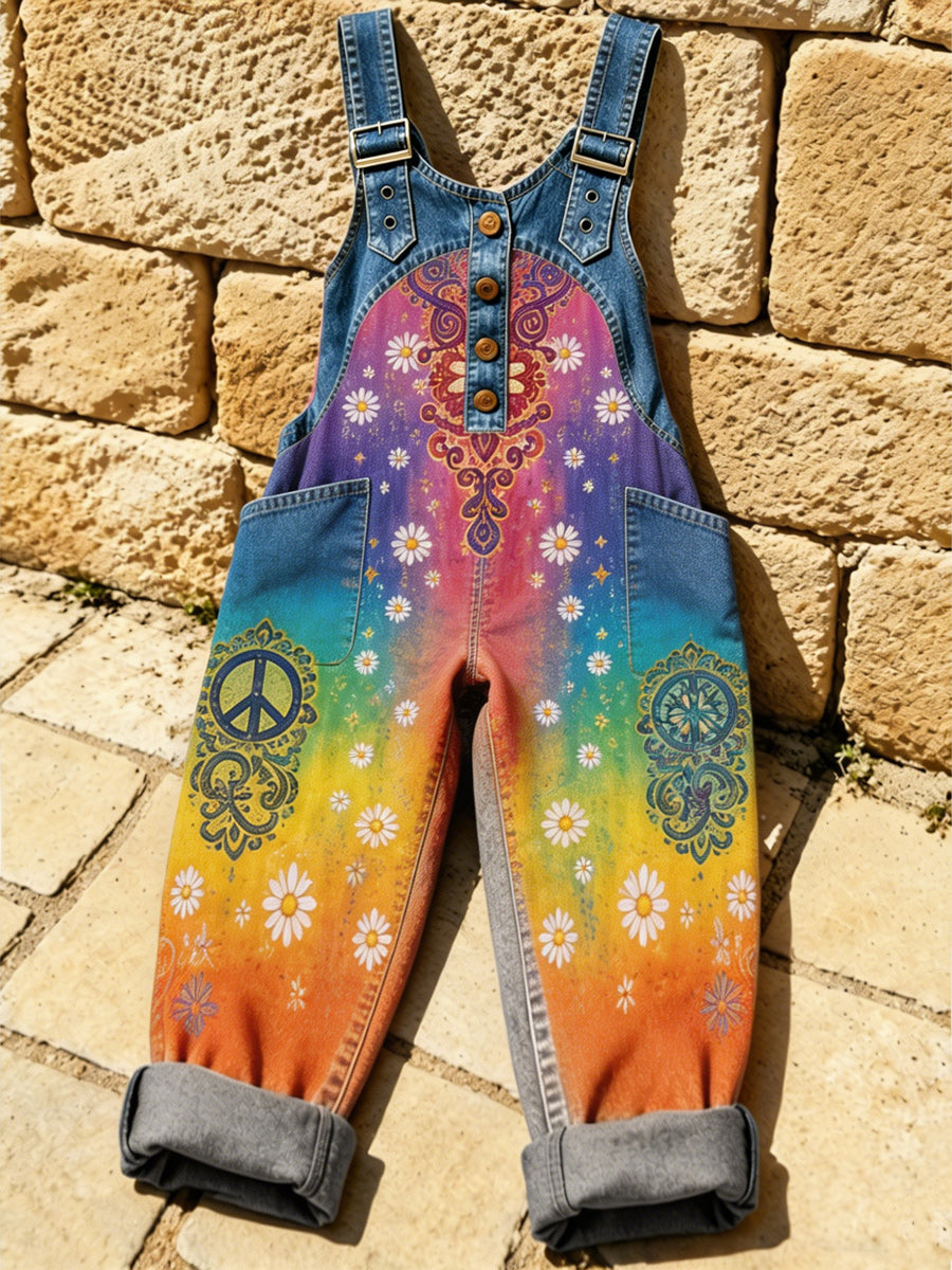 Women's Retro Style Art Print Washed Cotton Denim Patchwork Jumpsuit