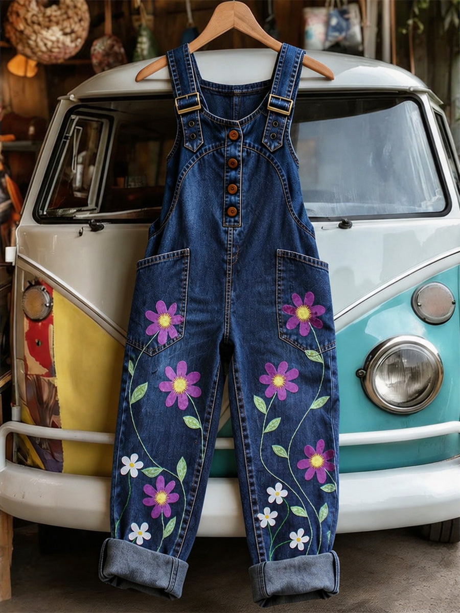 Women's Retro Style Art Print Washed Cotton Denim Patchwork Jumpsuit