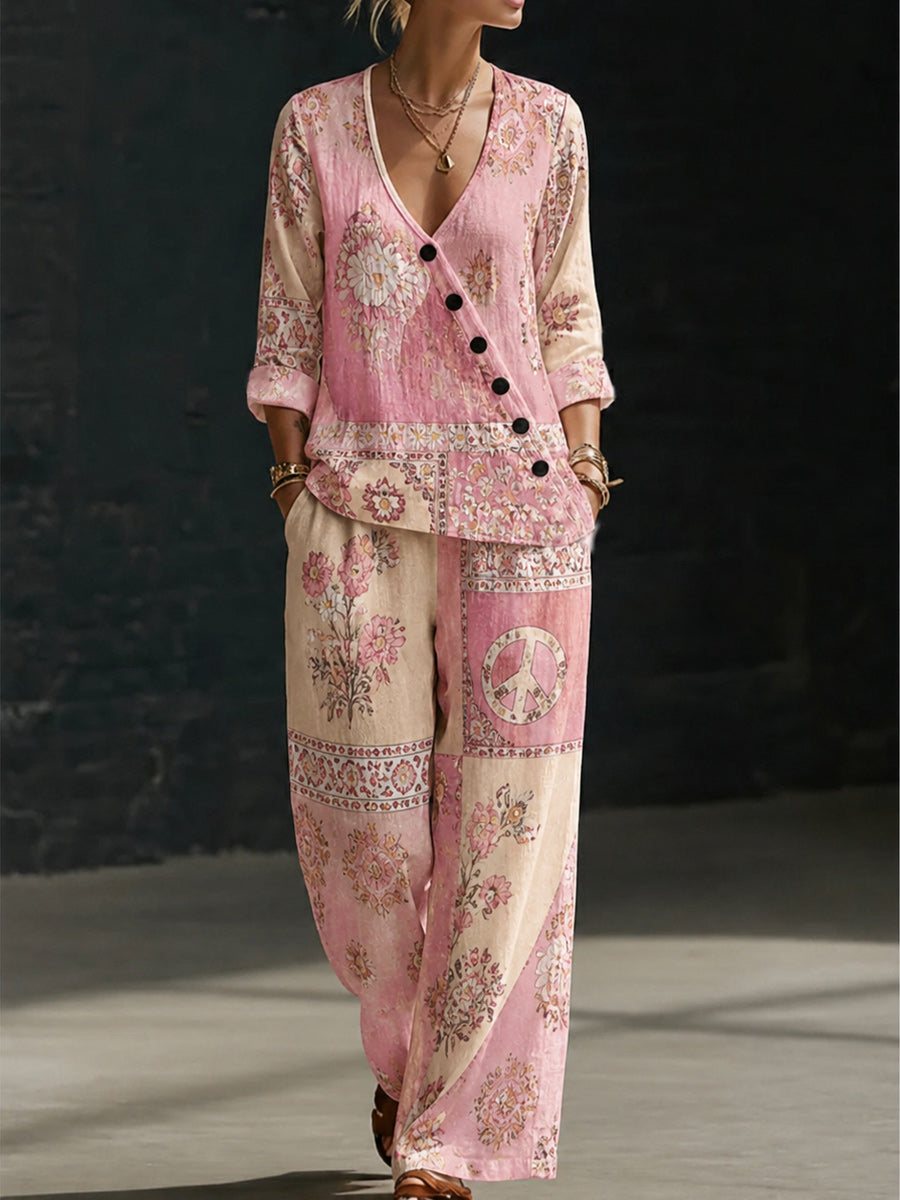Retro Style Design Art Printed V-Neck Long-Sleeved Top And Pants Set