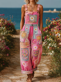 Women's Retro Style Art Print Washed Cotton Denim Patchwork Jumpsuit