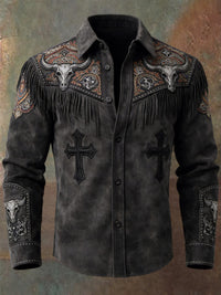 Men's Retro Western Style Art Print Vintage Tassel Casual Long Sleeve Shirt