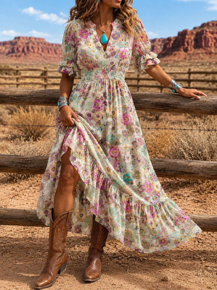 Retro Floral Art Print Midi Dress