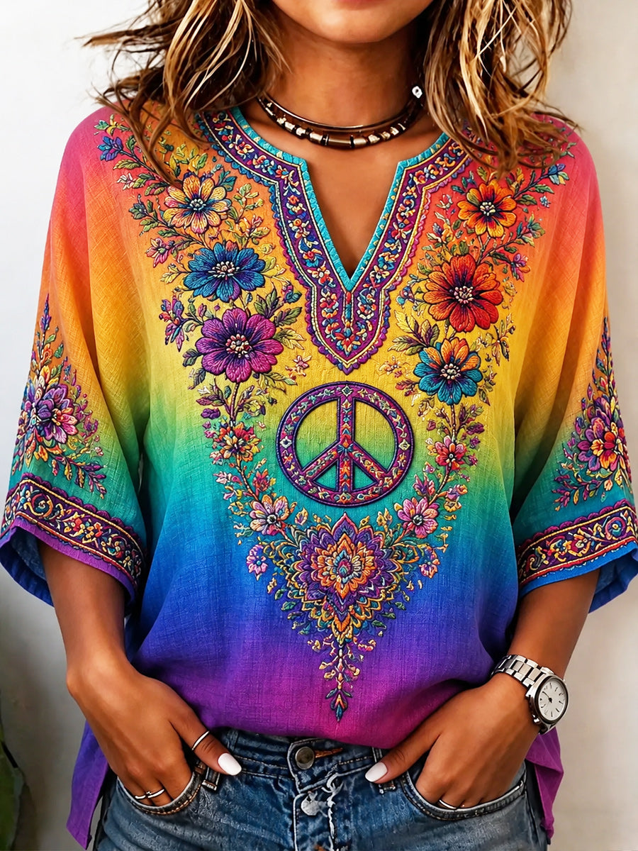 Retro Style Floral Art Printed Vintage V-Neck Casual Elbow Sleeve Top