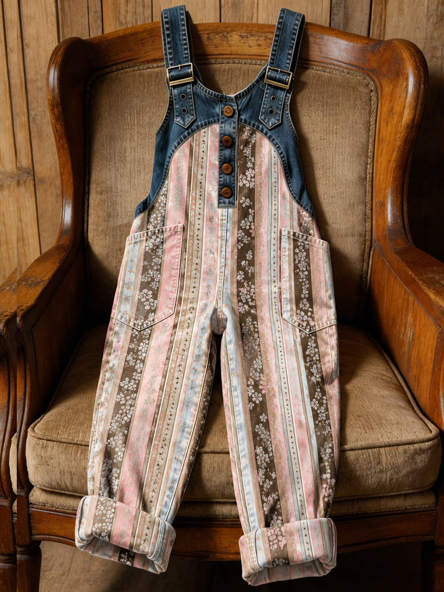 Women's Retro Style Art Print Washed Cotton Denim Patchwork Jumpsuit