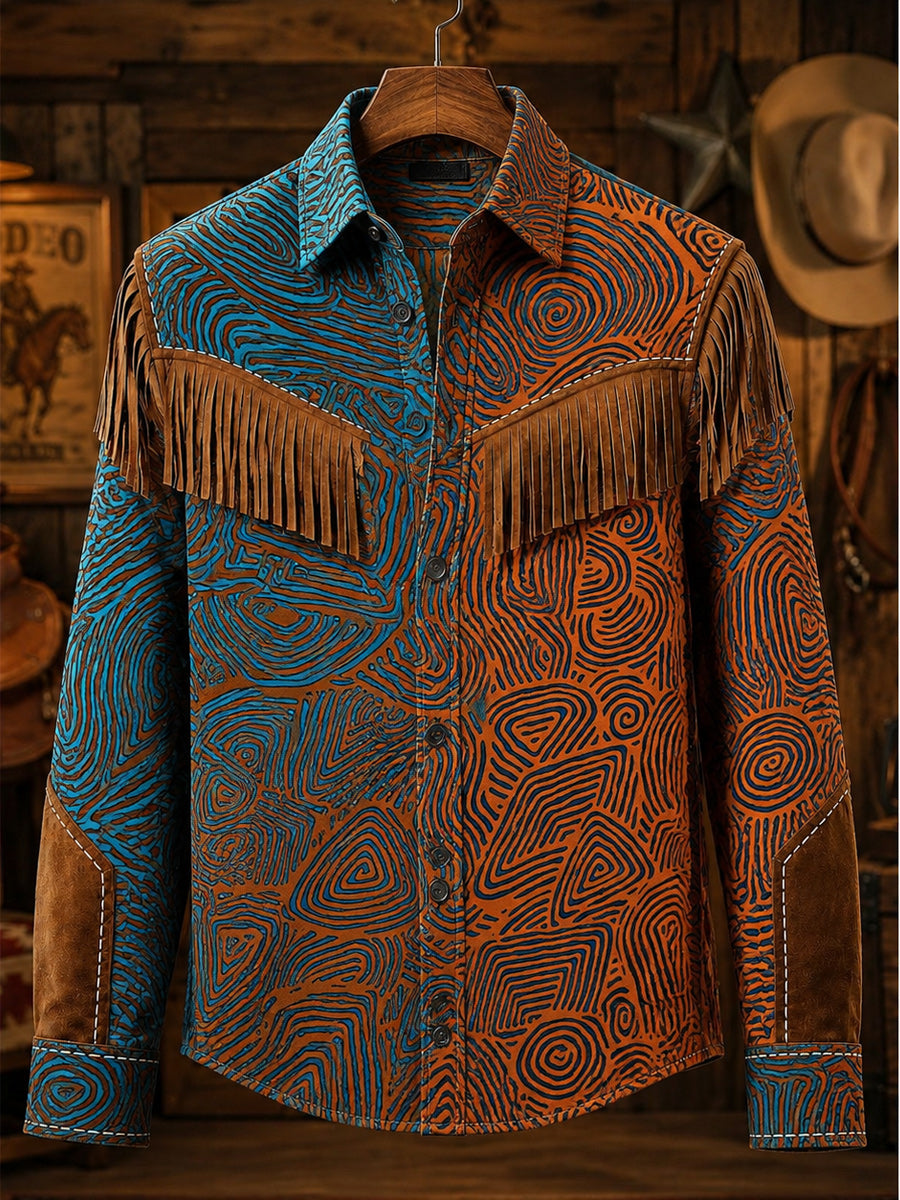 Men's Retro Style Art Print Western Vintage Tassel Casual Long Sleeve Shirt