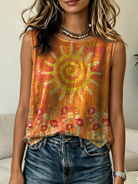 Women's Casual Button-down Tank Top With Sunflower Floral Print