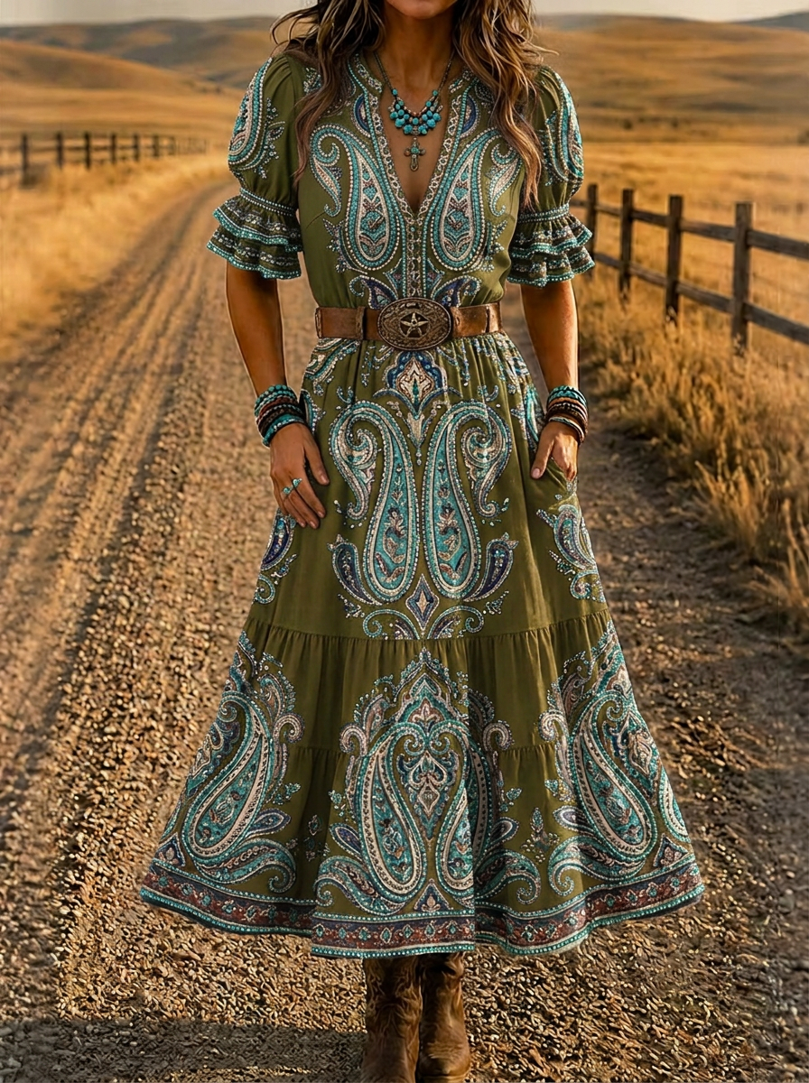 Women's Western Boho Paisley Printed Dress