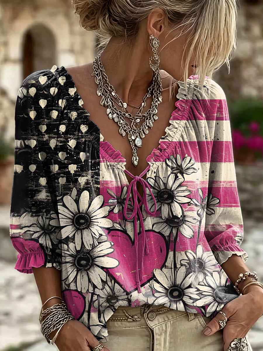 Women's Retro Flag And Floral Art Print Casual Three-quarter Sleeve V-neck Ruffled Drawstring Shirt