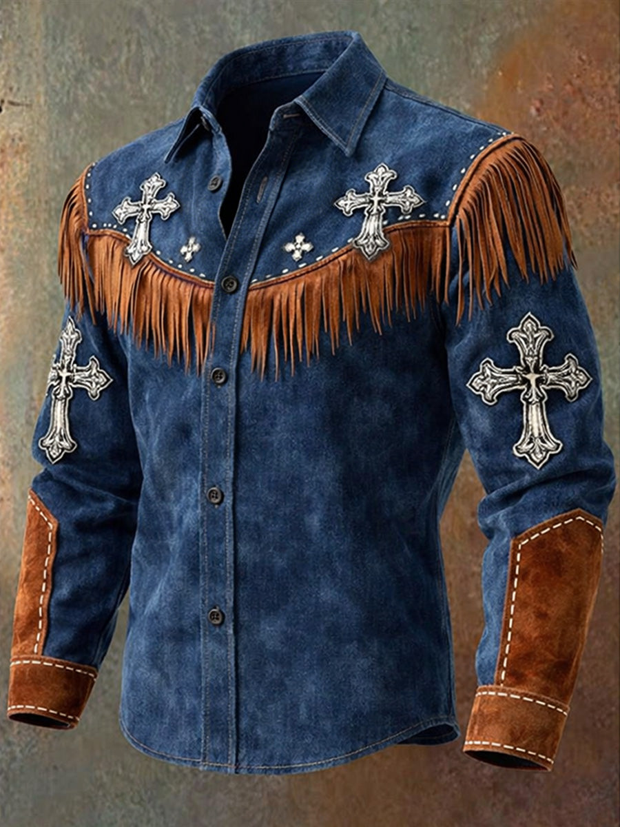 Men's Retro Western Style Art Print Vintage Tassel Casual Long Sleeve Shirt
