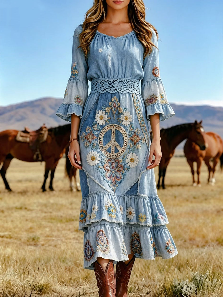 Women's Retro Art Print Washed Cotton Layered Patchwork Midi Dress