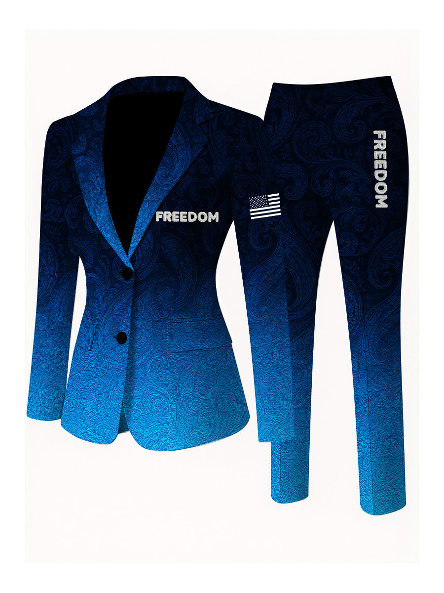 Women's Freedom American Flag Print Casual Blazer Trousers Two-Piece Suits