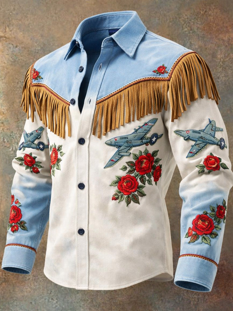 Men's Retro USA Flag Art Print Western Vintage Tassel Casual Long Sleeve Shirt