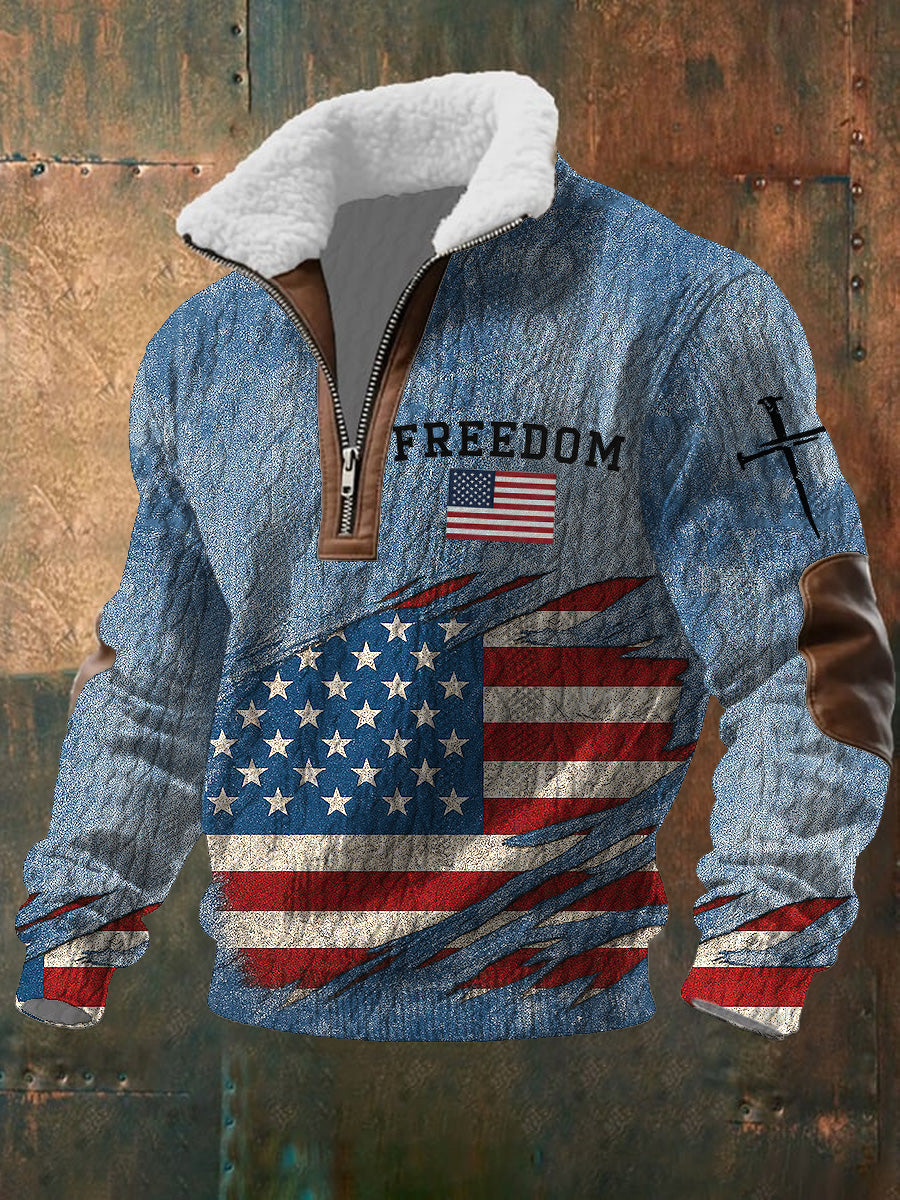 Men's Freedom American Flag Printed Jacquard Fabric Zipper Fur Collar Long Sleeve Sweatshirt