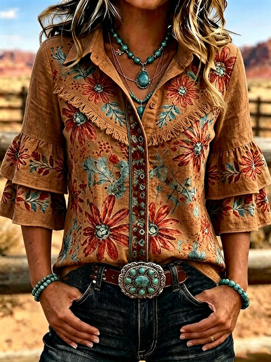Women's Vintage Floral  Embroidered Casual Ruffle Lapel Shirt